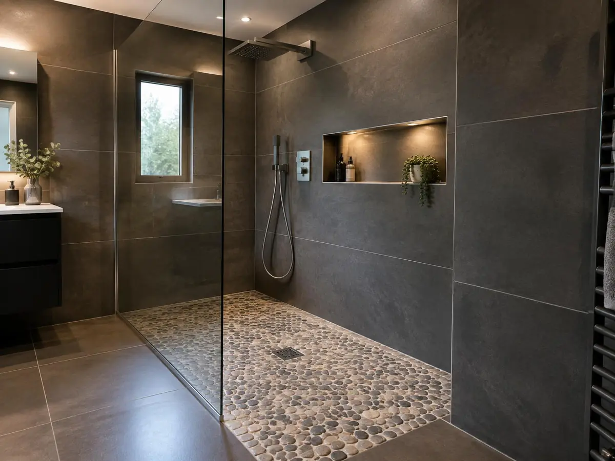 La même douche refaite : grands carreaux gris anthracite, sol en galets, niche éclairée, paroi vitrée