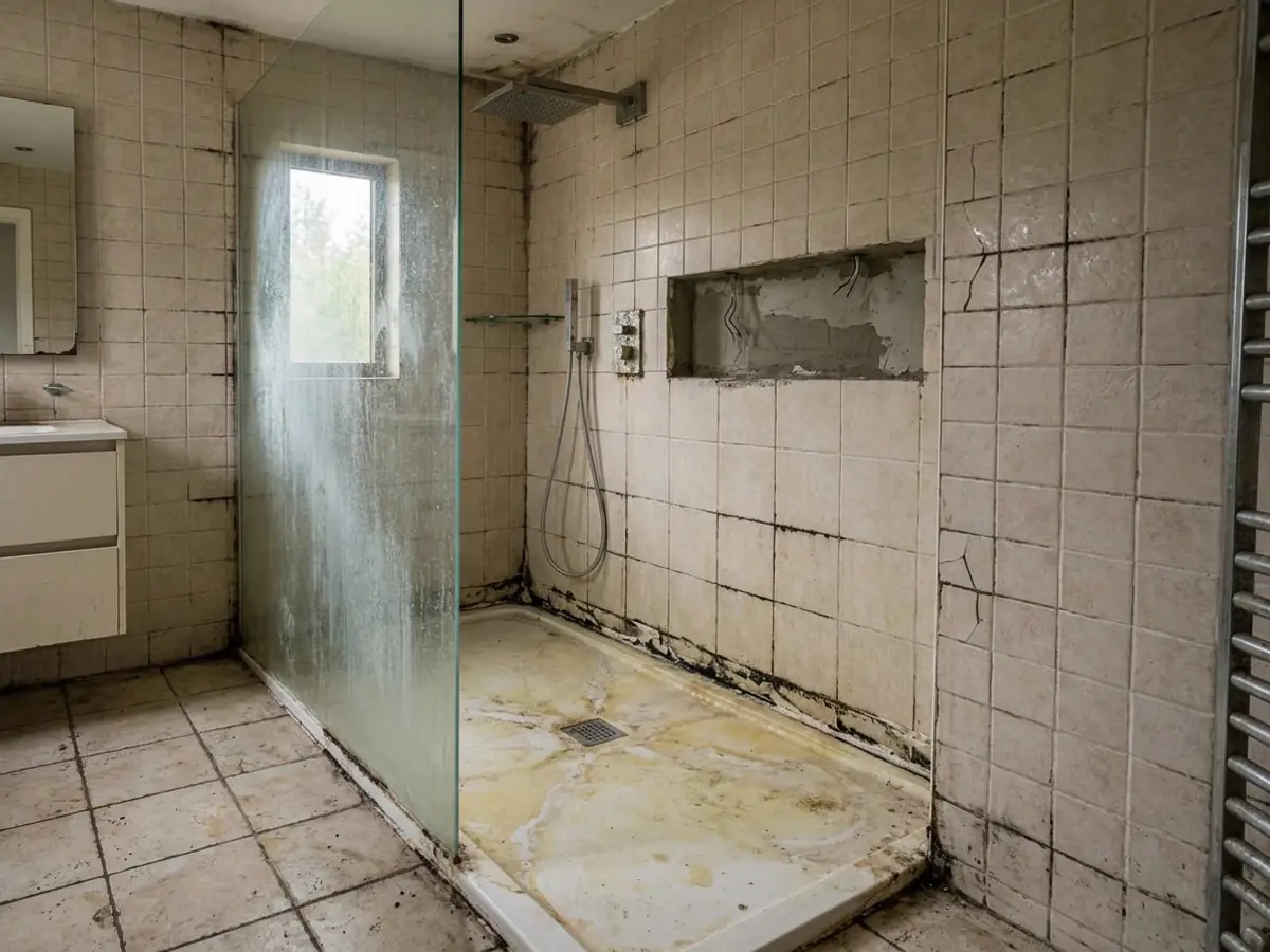 Douche vétuste : faïence blanche aux joints noircis, receveur taché, paroi vitrée entartrée, niche en chantier