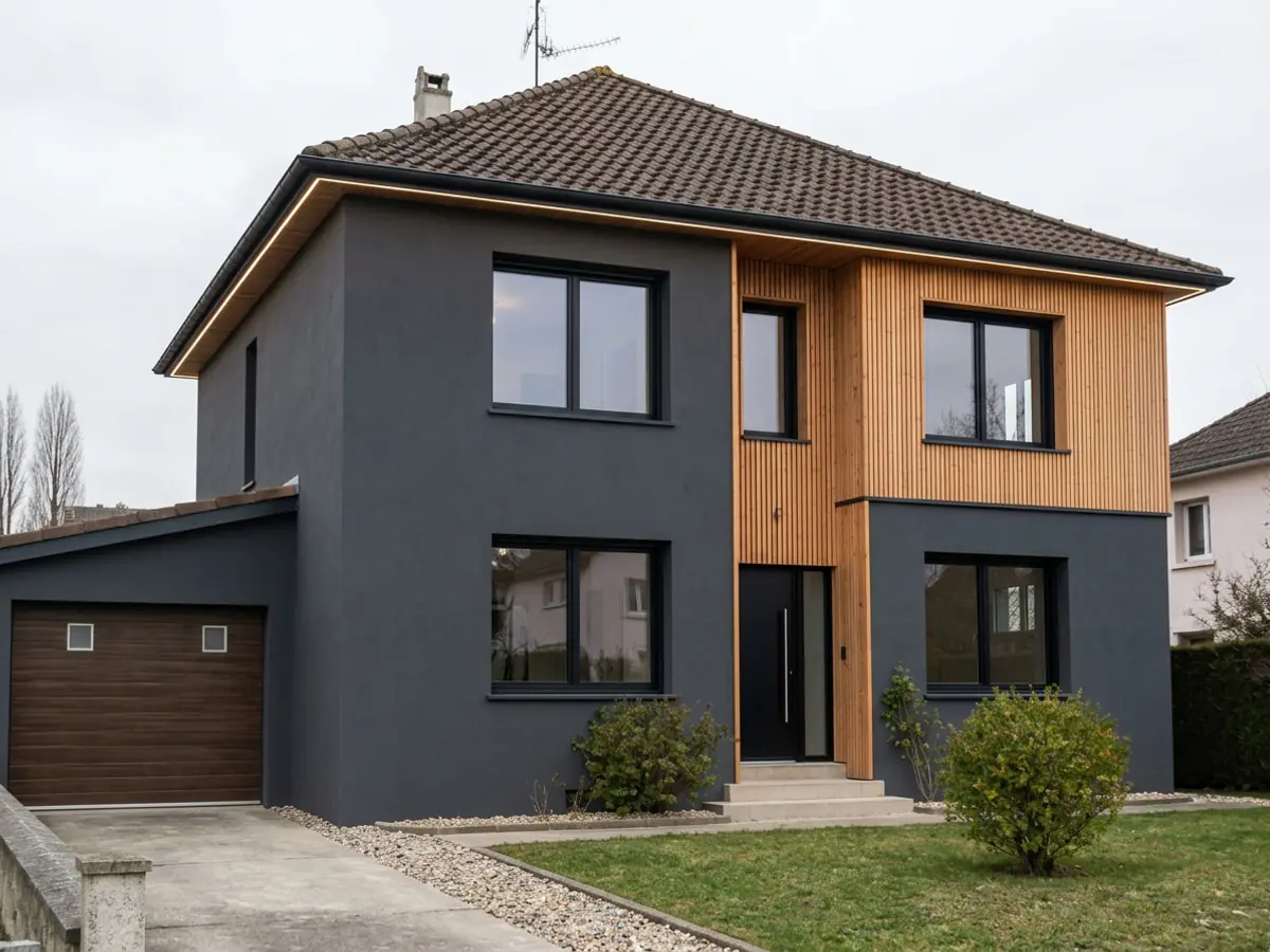 La même maison : façade anthracite, bardage en bois vertical, fenêtres sombres et porte d’entrée neuve