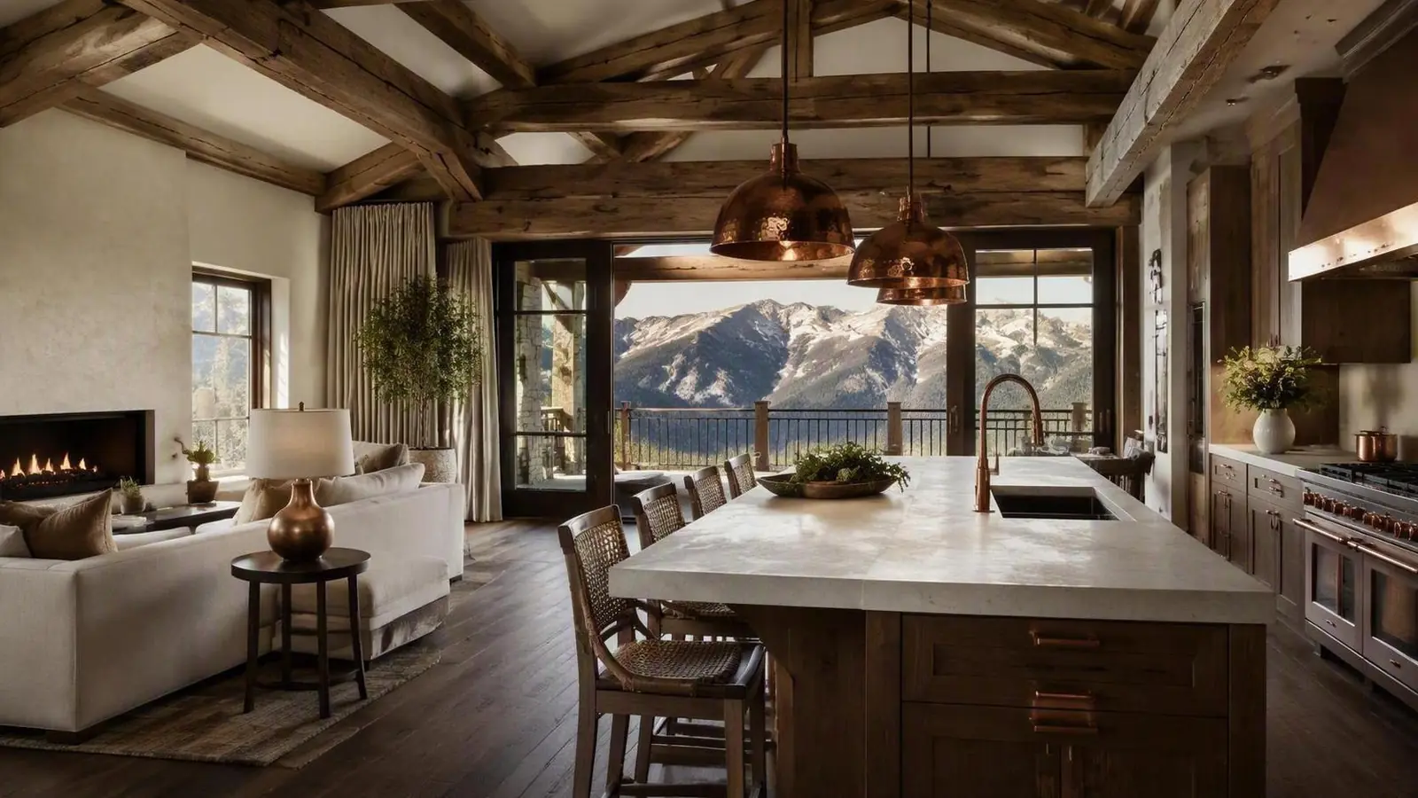 Cuisine rénovée avec îlot, charpente apparente et vue sur les montagnes