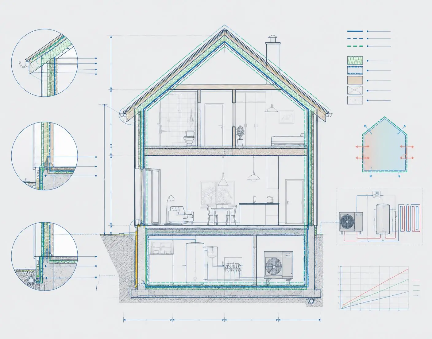 Coupe technique d’une maison : toiture, planchers, parois détaillées et équipements dessinés