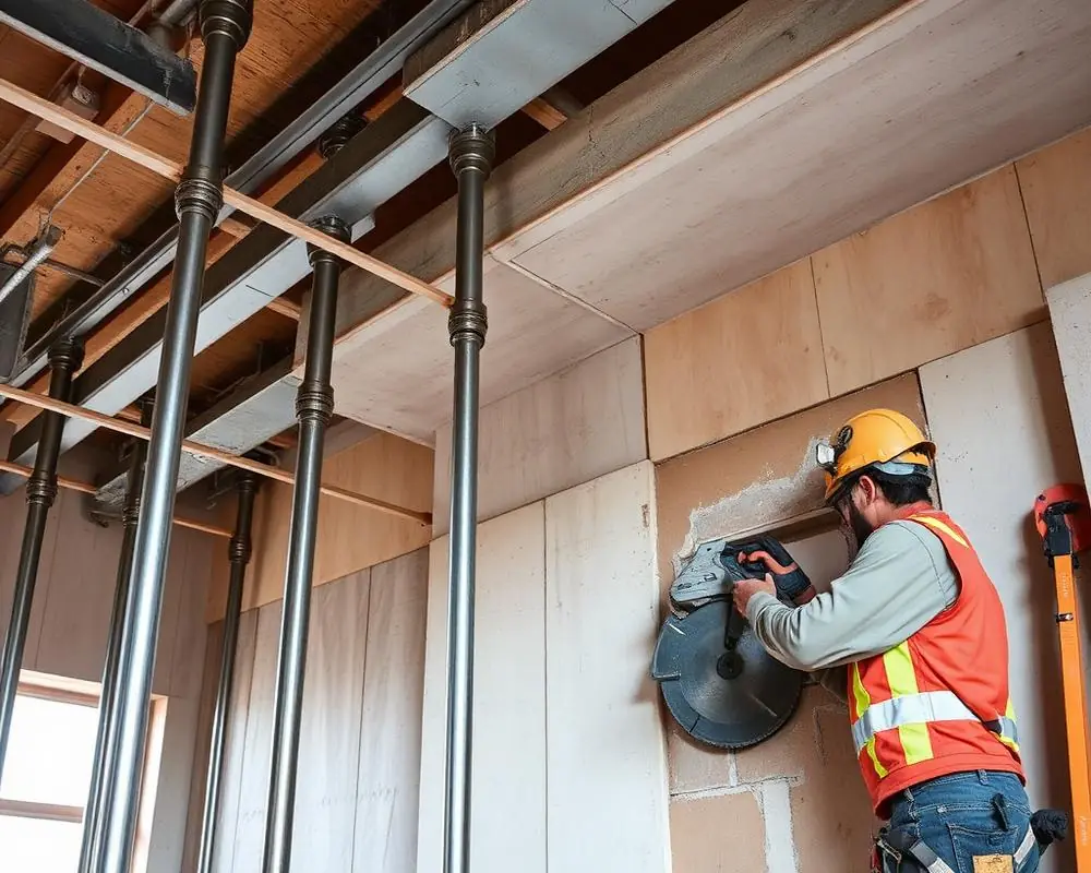 Ouvrier sciant une ouverture dans un mur, le plancher au-dessus soutenu par des étais métalliques
